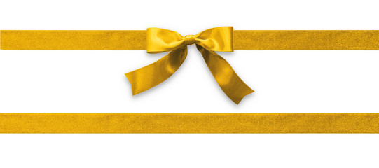 Gold bow ribbon band satin golden stripe fabric (isolated on white background with clipping path)...