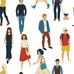 Seamless pattern with business people walking. Cartoon style illustration with men and woman.