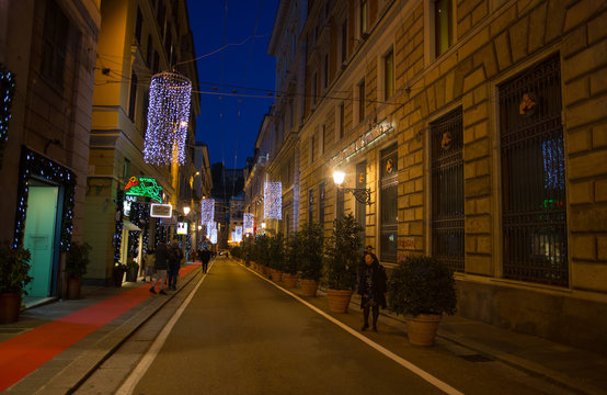 GENOA (GENOVA), ITALY, NOVEMBER 27, 2018 - Christmas illuminations on the streets of center of Genoa by night, Italy