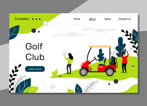 Golf club landing page template, golfing school concept with golf car, banner website - vector illustration