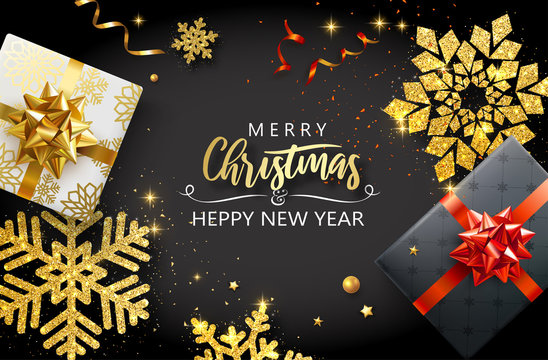 Merry Christmas and Happy New Year card with gifts and golden snowflakes.