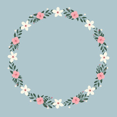 Floral greeting card and invitation template for wedding or birthday anniversary, Vector circle shape of text box label and frame, Colorful flowers wreath ivy style with branch and leaves.