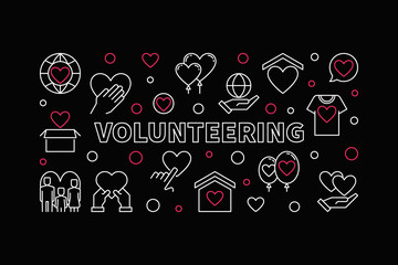 Volunteering vector concept horizontal linear illustration on dark background