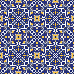 Italian tile pattern vector seamless with vintage blue ornaments. Portuguese azulejos, mexican talavera, italy sicily majolica motifs. Tiled texture for ceramic kitchen wall or bathroom mosaic floor.