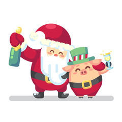 2019 New year Merry Christmas symbol. Santa Claus with champagne, glass, toast Christmas trees candy, sweets and symbols 2019 pig. isolated on white background Vector flat illustration