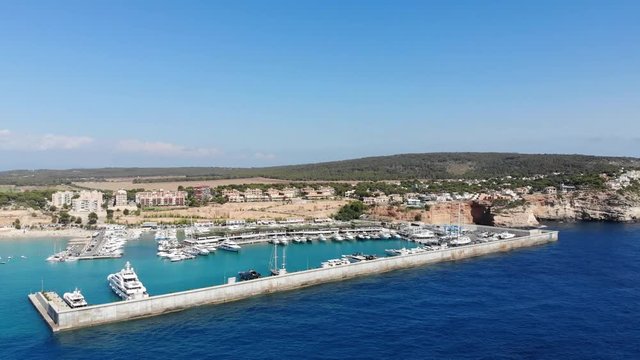 Aerial view, flight over luxury marina Port Adriano and El Toro, Mallorca Spain