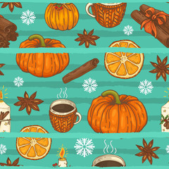 seamless pattern with pumpkins, cups, spices and snowflakes
