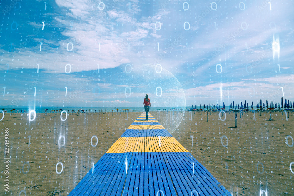 Poster woman walking on beach with abstract computer cyberspace network background.