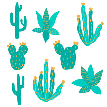 vector cactus exotic pricky childish funny plant on white element set for design paper textil 