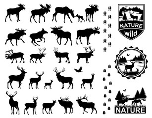 Set of Horned Animals Silhouette Collection Deer Stag Moose Cervidae Elk