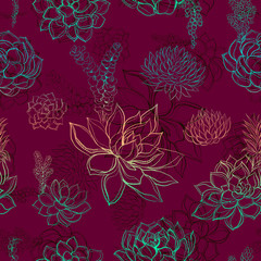 Seamless pattern with succulents. Rainbow. Graphics Watercolor