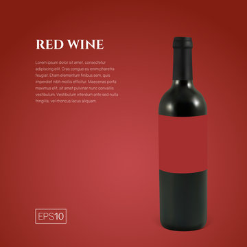 Photorealistic bottle of red wine on a red background. Mock up transparent bottle of wine. Template for product presentation or advertising in a minimalistic style.