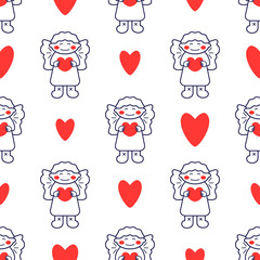 Vector illustration. Seamless pattern with line style icon of festive angel and heart. Holiday background for Christmas and New Year card.