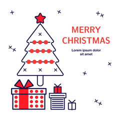 Vector illustration. Simple fir-tree, gifts with text. Greeting card with line style icons for Christmas party.