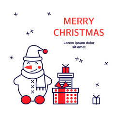 Vector illustration. Cute snowman, gifts with text. Greeting card with line style icons for Christmas party.