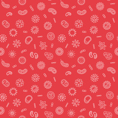 Seamless virology vector red pattern with outline virus and bacteria icons