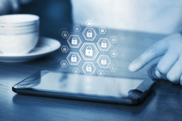 Online internet secure payment and network safe communication and banking concept. Person pay in...