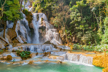 Pool and waterfall in the Tat Kuang Si waterfall system near Luang Prabang in Laos, Indochina, Asia.