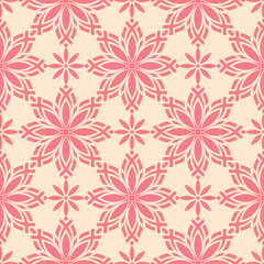 Red flowers on beige background. Seamless pattern