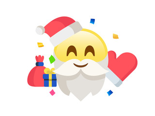 Yellow santa claus icon with glove, Christmas hat, gift and confetti