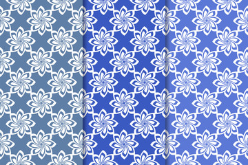 Set of floral ornaments. Vertical blue seamless patterns