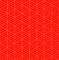 Seamless pattern based on Japanese ornament Kumiko.Red background color.Gold pattern layer.Fine lines.
