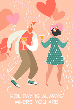 Vector illustration of Valentines day with a happy couple dancing and drinking wine