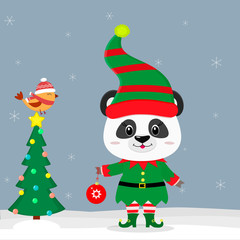 Happy New Year and Merry Christmas greeting card. Cute little panda in an elf costume with a ball. Christmas tree and little bird in winter hat. New year in the Chinese calendar. Vector
