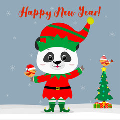 Happy New Year and Merry Christmas Greeting Card. Cute little panda in an elf costume with a little bird. Christmas tree with gifts and a little bird in winter hat. Vector