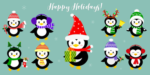 A set of nine happy penguin characters in different hats and accessories. Celebrates New Year and Christmas. Cartoon style, vector