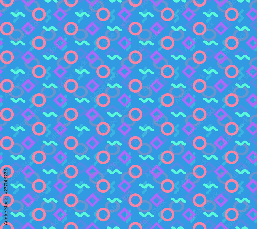 Poster seamless repeating pattern of circles, rhombuses and zigzags