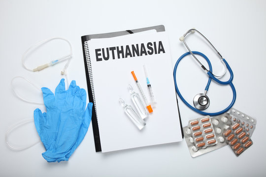 Injection of pentobarbital for euthanasia. Legal execute in clinic.