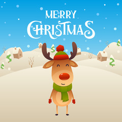 Cute cartoon reindeer character Merry Christmas background