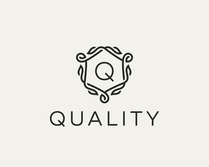 Premium linear shield monogram letter W logotype. Elegant crest leaf stamp icon vector logo. Luxury alphabet frame symbol.