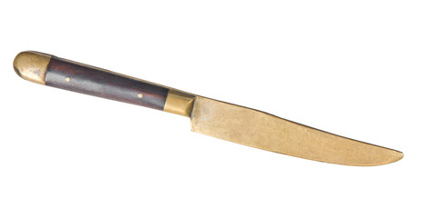 Top view of old knife with a wooden handlee isolated on white background