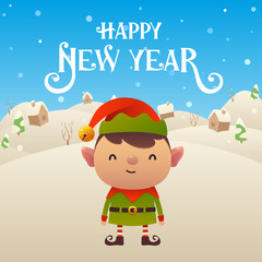 Cute cartoon Elf character Happy New Year background