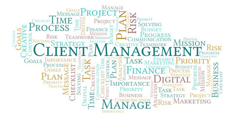 Client Management word cloud, made with text only.