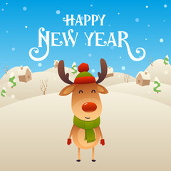 Cute cartoon reindeer character Happy New Year background