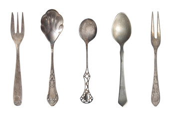 Vintage tea spoons  isolated on a white background. Retro silverware.