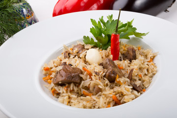 Traditional uzbek rice pilaf dish