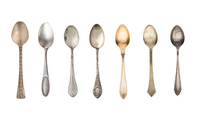 Top view of seven old silver beautiful tea spoons isolated on white background