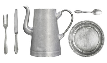 vintage dishes. Old spoon, fork, knife, kettle, plate isolated on white background.