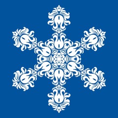 Fototapeta na wymiar Snowflake - Mandala in white color on blue background. Ornament for Christmas end New Year