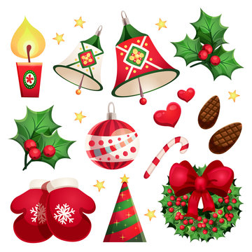 Happy New Year and Merry Christmas Vector Design Set with decorative elements and objects: christmas tree, garlands, toys, candy cane, hearts, mittens, cones, wreath, bells, berry, ribbon, candle