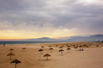 Fototapeta na wymiar landscape of beautiful sandy great Los Lances Beach, from the breakwater rocks, in Tarifa town, Cadiz, Andalusia, Spain