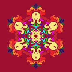 Snowflake - Mandala on Jester Red background. Ornament for Christmas end New Year