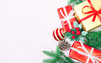 Christmas gift box background view from above - Winter holidays flat lay greeting card with red presents 