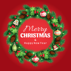 Spruce christmas wreath with a greeting Merry Christmas and Happy New Year text and decorative green leaves, red berries, christmas toys, cones on red background. Vector illustration in cartoon style