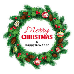 Spruce christmas wreath with a greeting Merry Christmas and Happy New Year text and decorative green leaves, red berries, christmas toys, cones for design a card. Vector illustration in cartoon style