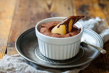 Chocolate cake with poached pear